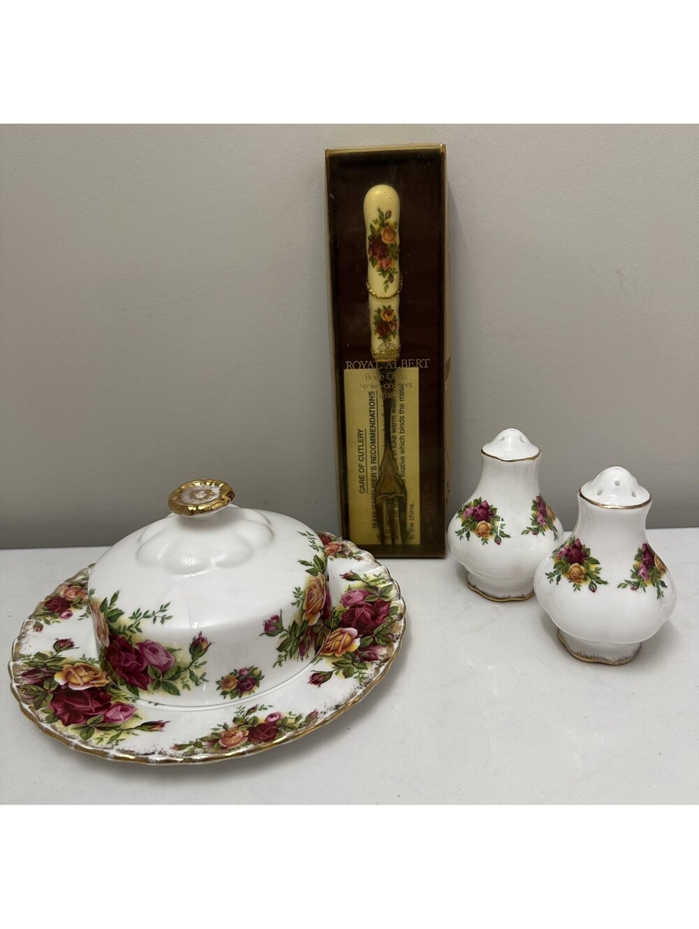 Royal Albert Bone China Old Country Roses Shakers, Butter Dish, Pickle Fork